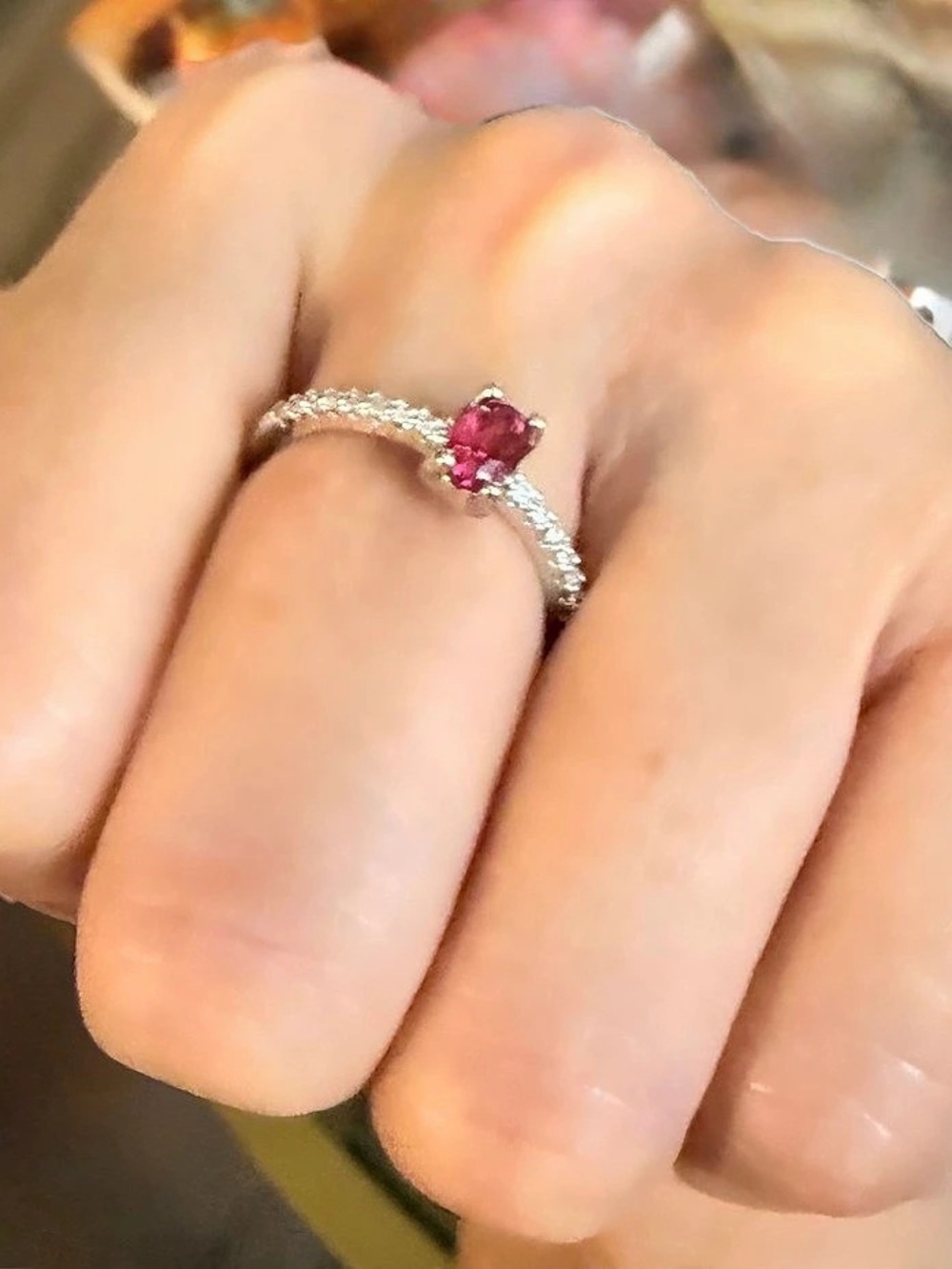 Pink Cz & Silver Tone Princess Adjustable Ring New